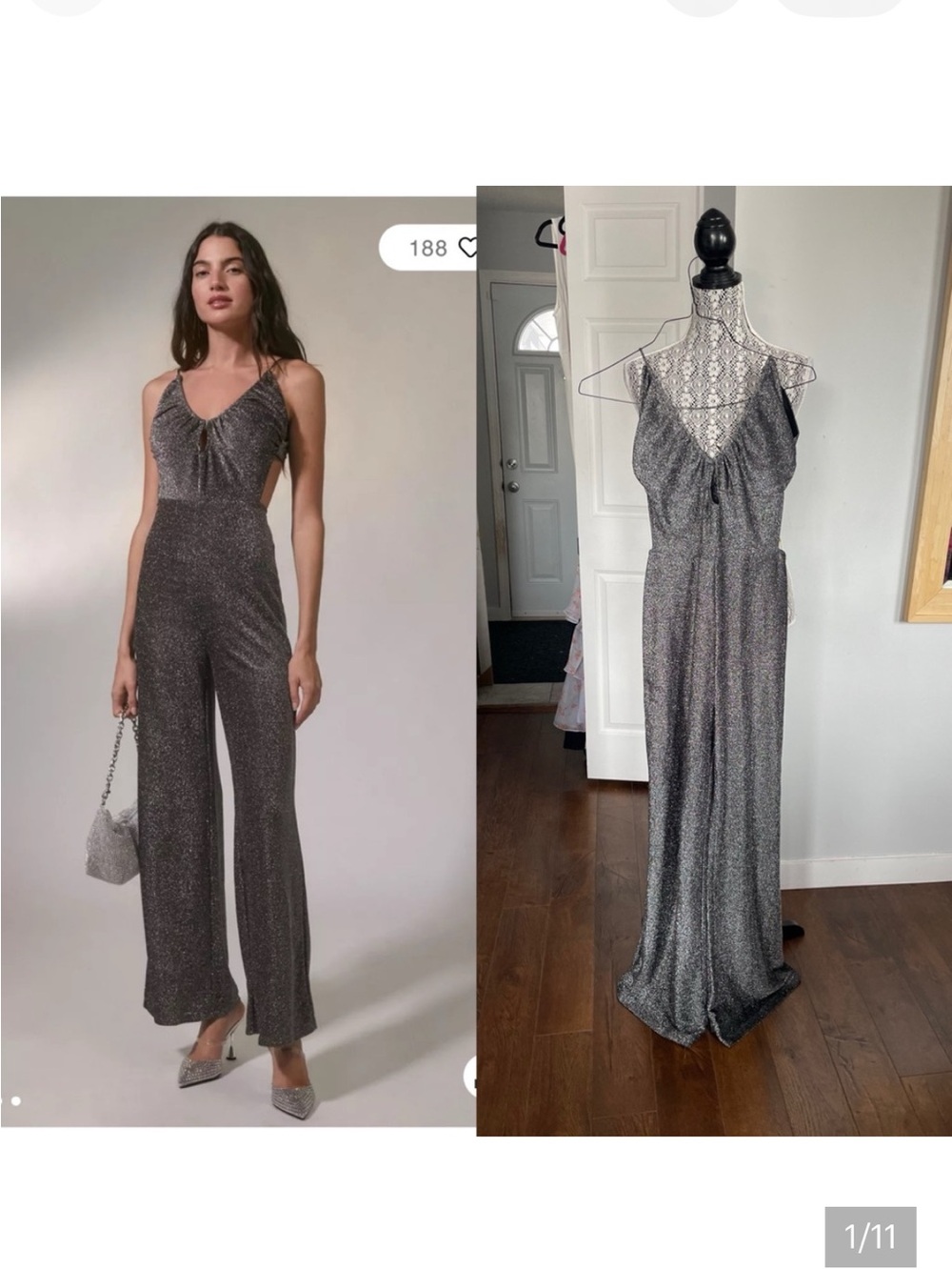 UO Large Sparkly Glitter Silver Cut Out Slight Flare Jumpsuit. Tie Back.